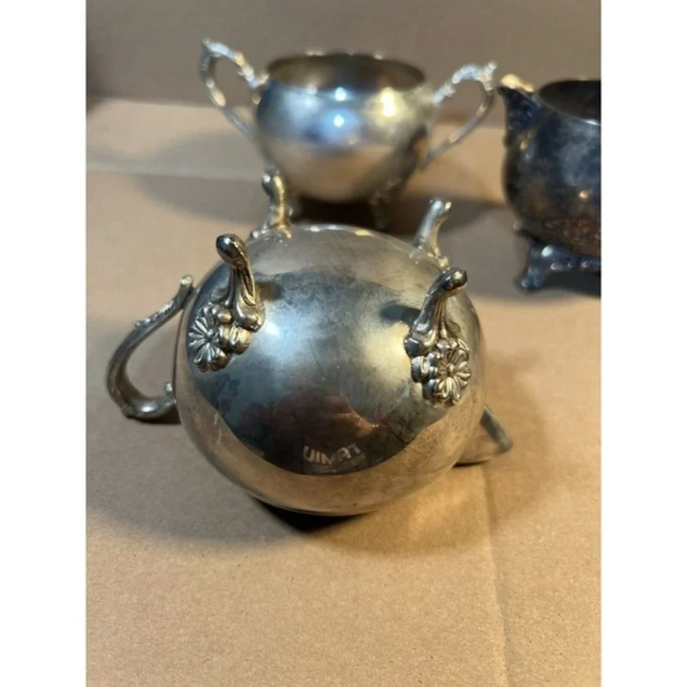 Silver silverplate Footed sugar and creamer vintage Double Handle (set‎ of 3)